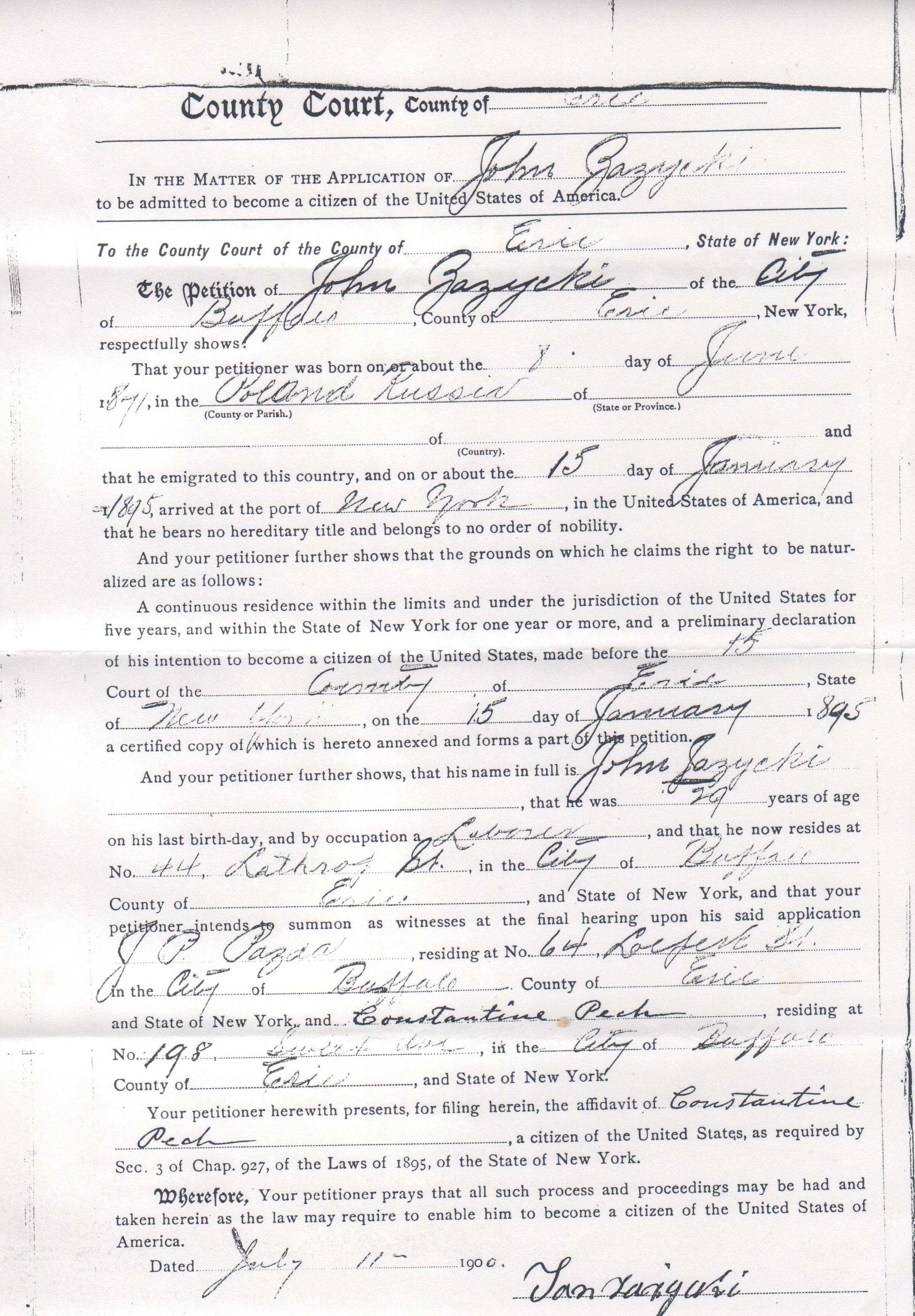 Jan Zazycki Petition for Naturalization