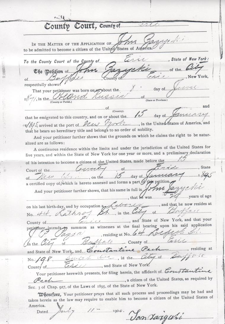 Jan Zazycki Petition for Naturalization