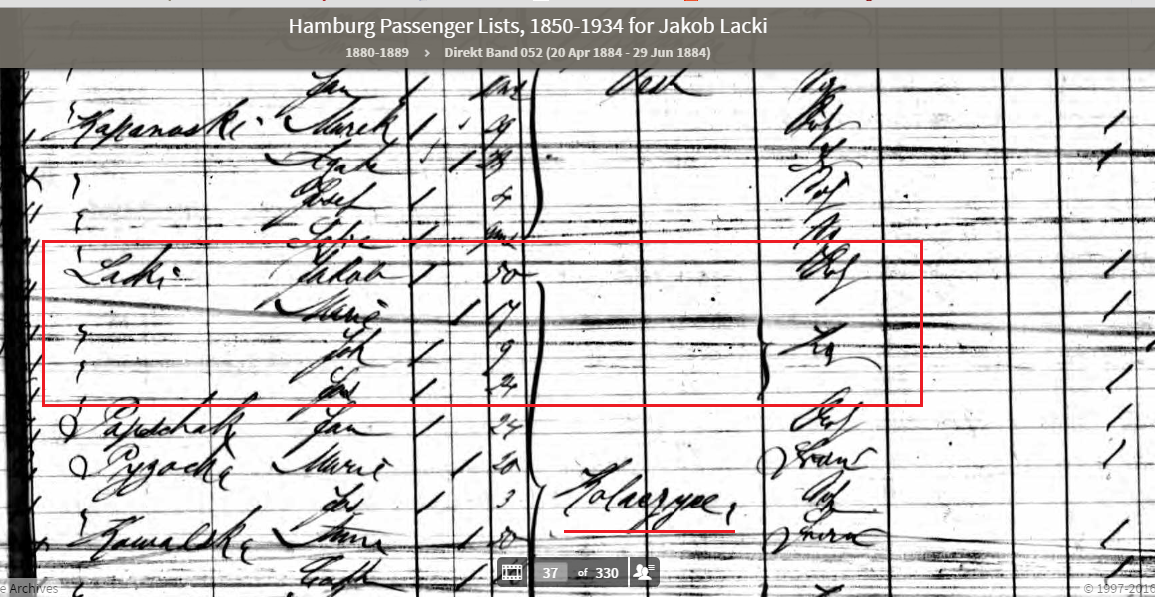 Closeup of Hamburg Emigration record for Lacki family
