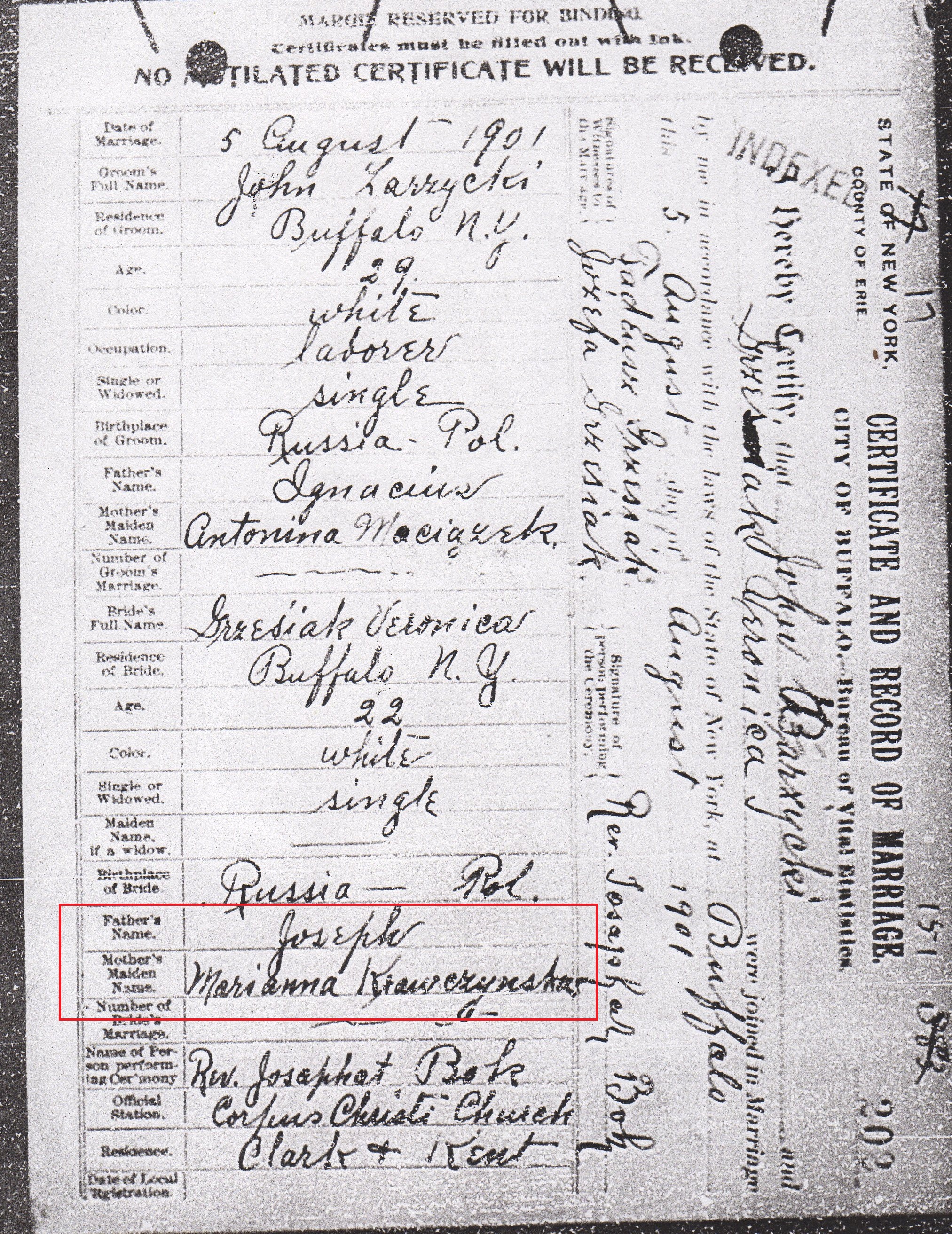 Jan & Weronika Zazyki Marriage 1 marked