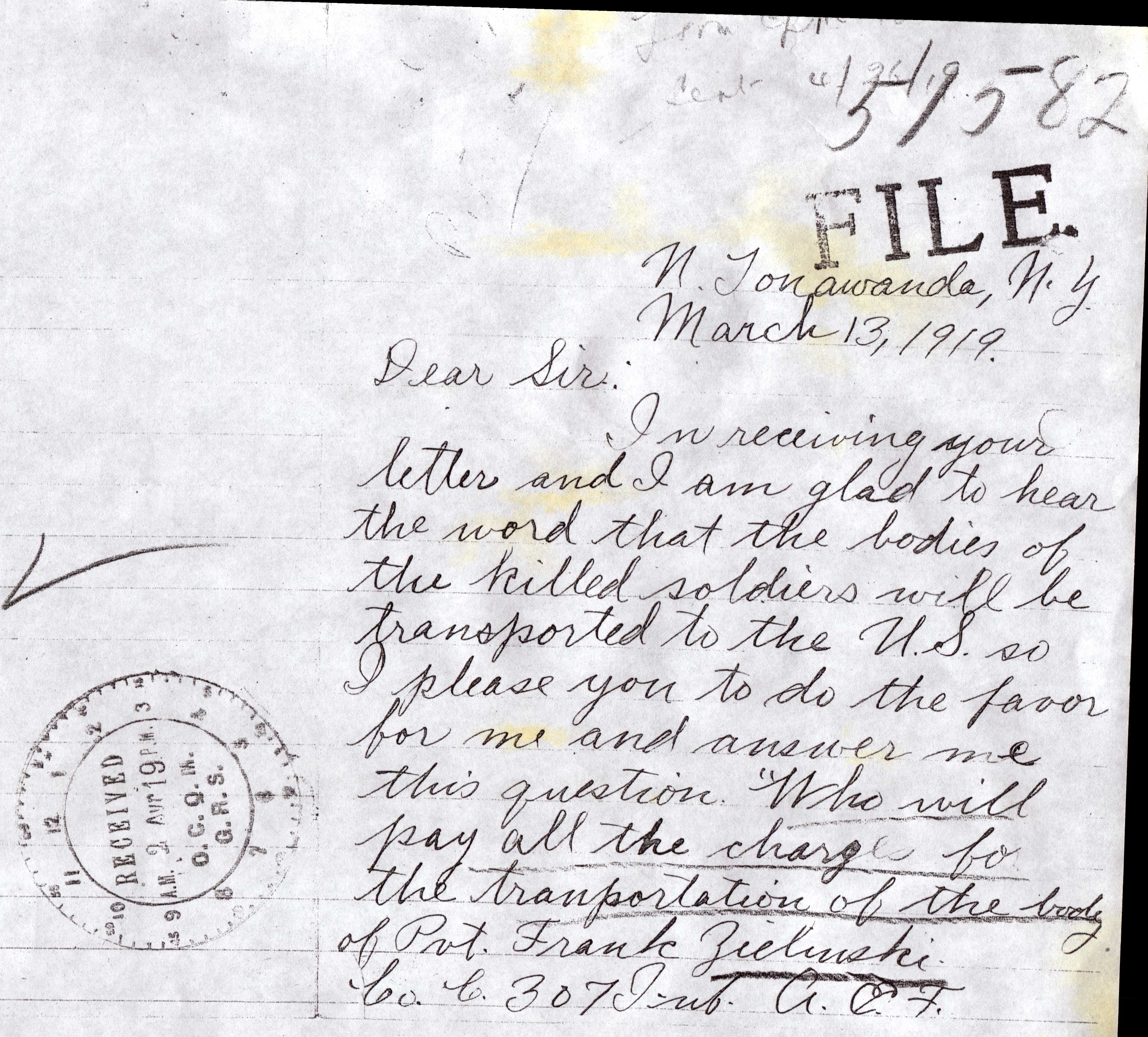 Page 23 March 13 1919 Letter from Joseph Zielinski cropped