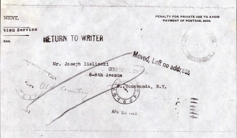Page 31 Apr 28 1921 Envelope to Jos Zielinski marked undeliverable.jpg
