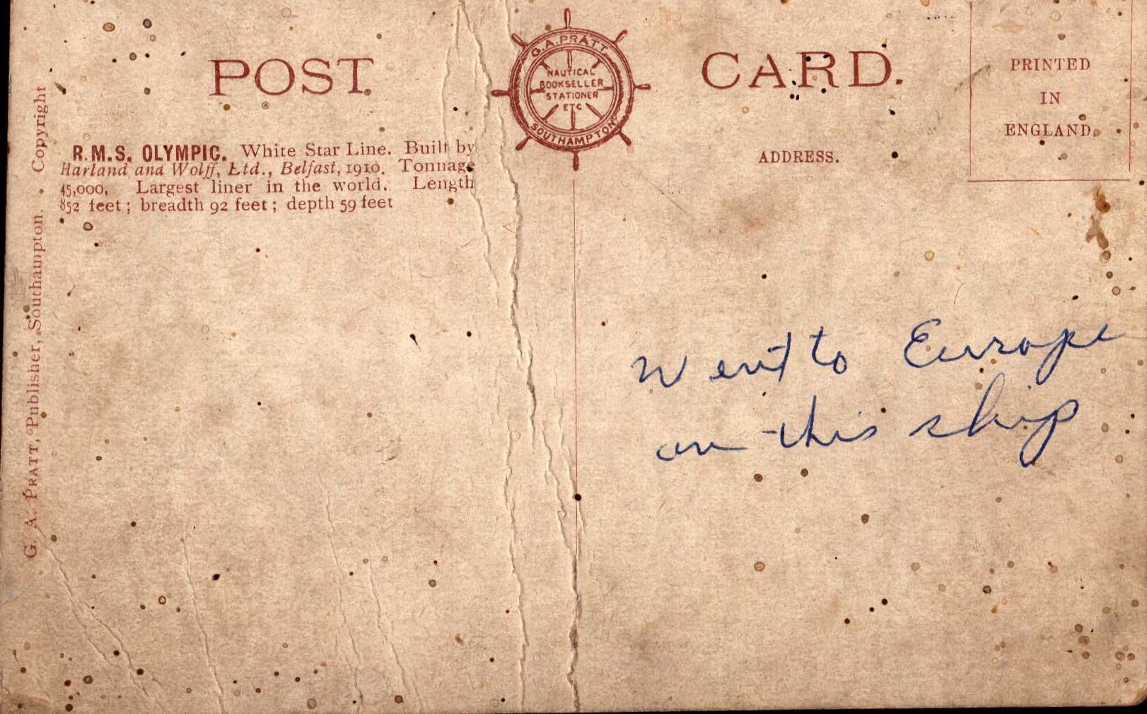Reverse of postcard from RMS Olympic