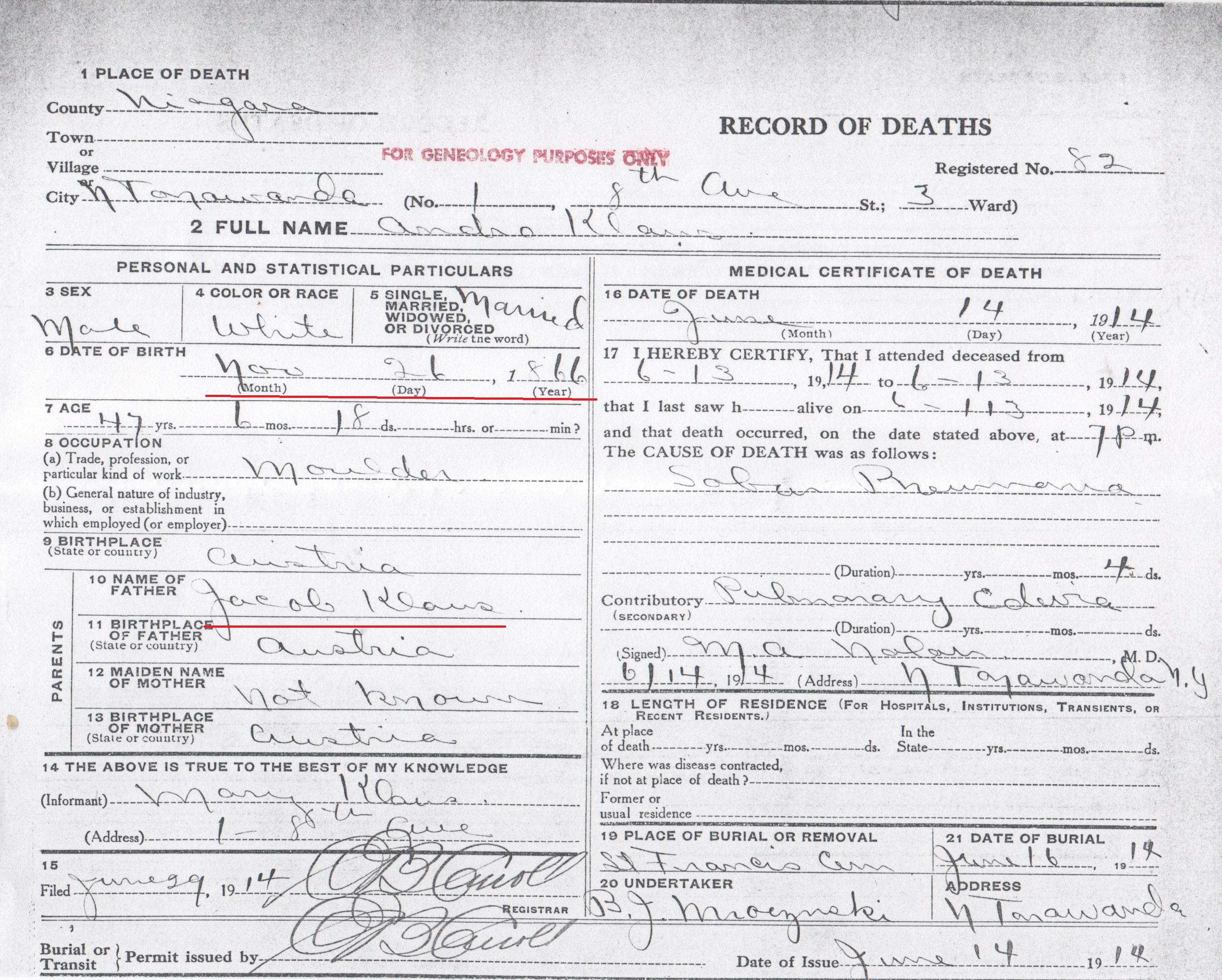 Andrew Klaus death certificate marked