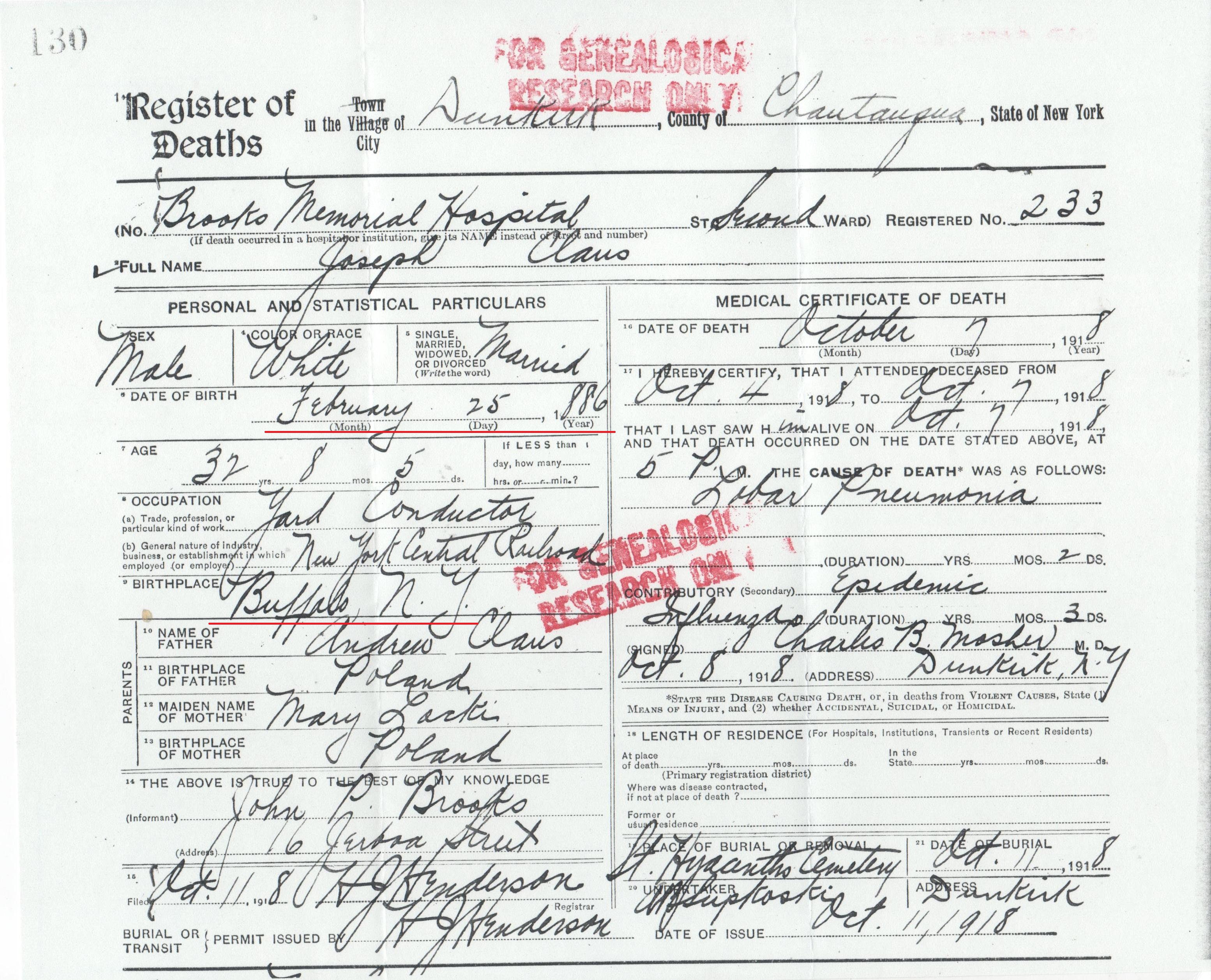 Joseph Klaus death certificate
