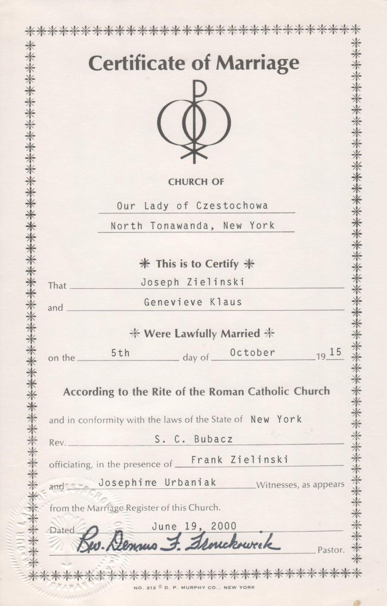 Joseph Zielinski &amp; Genevieve Klaus marriage record