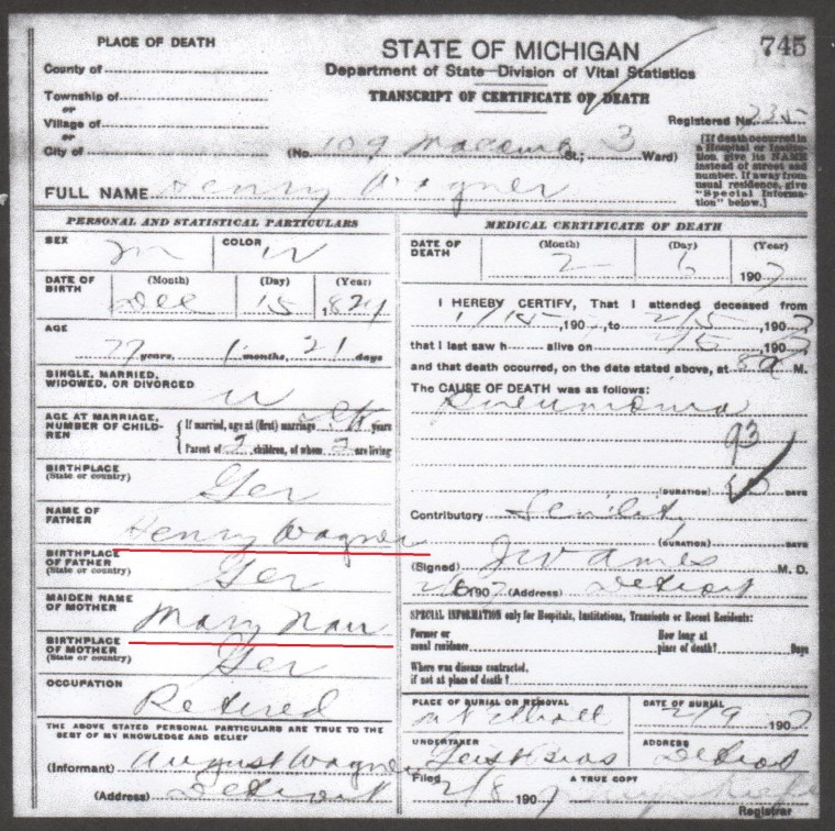 Henry Wagner death certificate