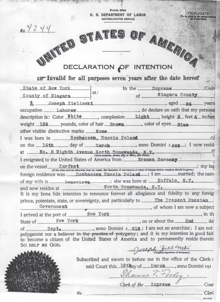 Joseph Zielinski Declaration of Intention to Naturalize photo edited