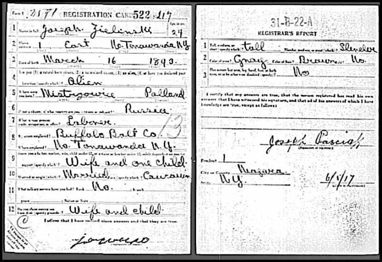 Joseph Zielinski World War I Draft Registration Card