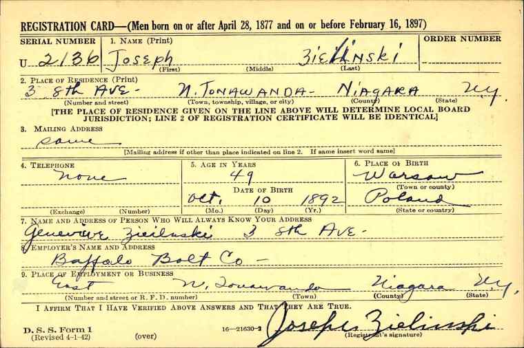 US, World War II Draft Registration Cards, 1942 - Joseph Zieliński