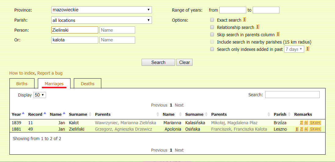 Zielinski Kalota marriages