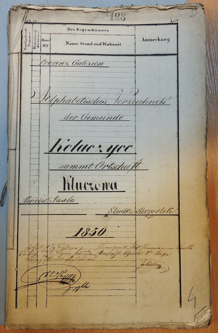 Alphabetisches Verzeichniss der Gemeinde Kolaczyce 1850 cover page