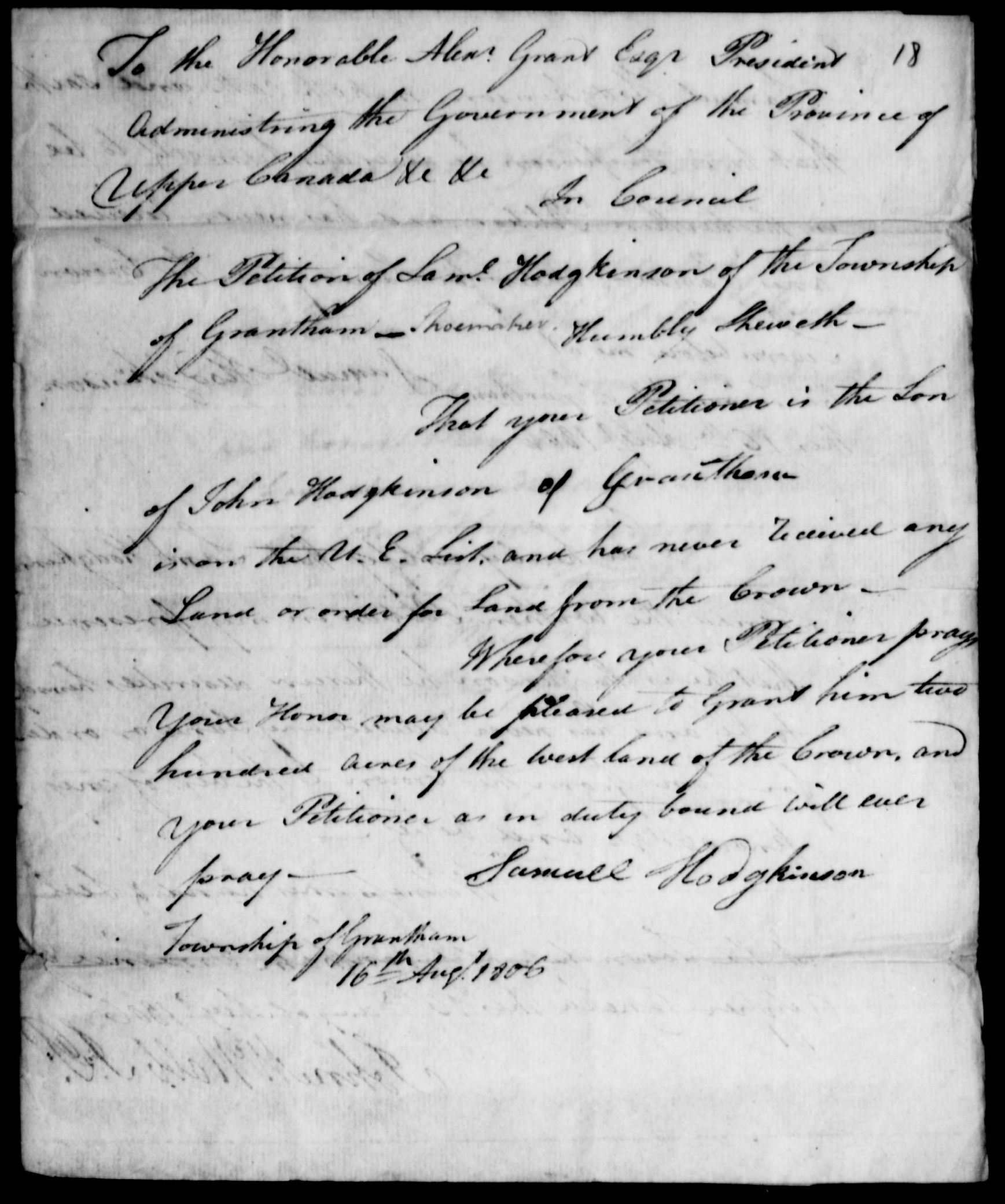 Samuel Hodgkinson Land Petition page 1