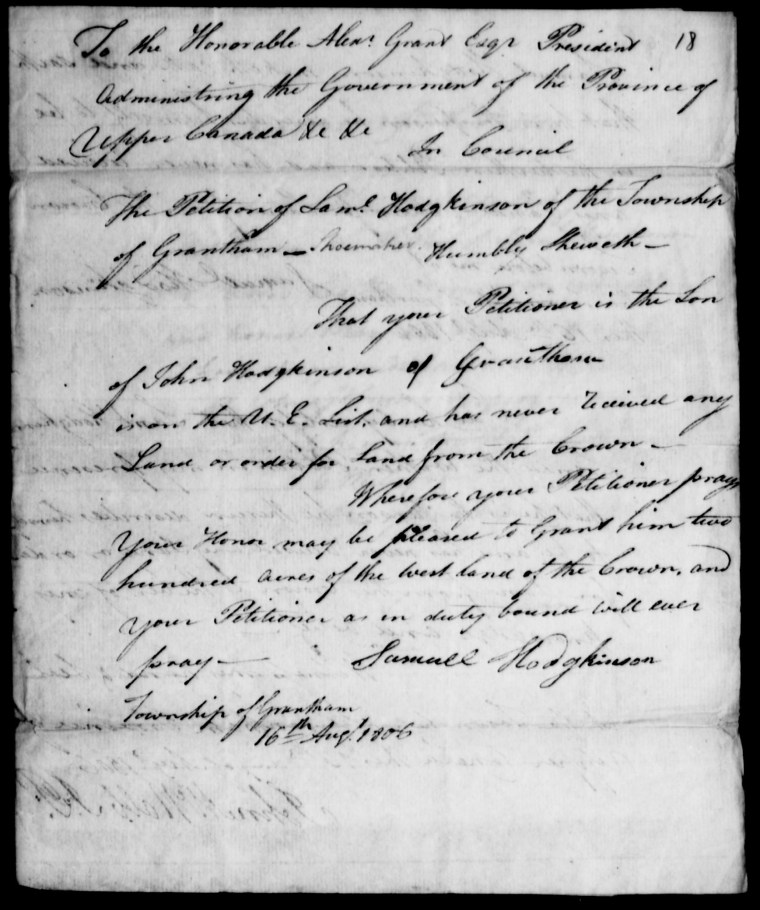 Samuel Hodgkinson Land Petition page 1