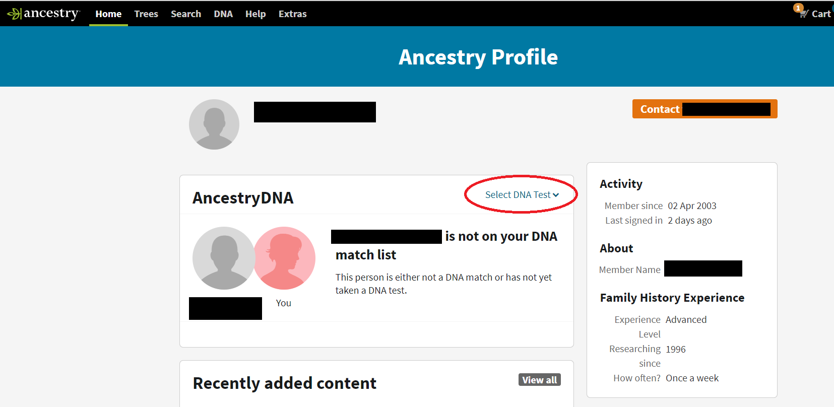 Ancestry Member Profile page