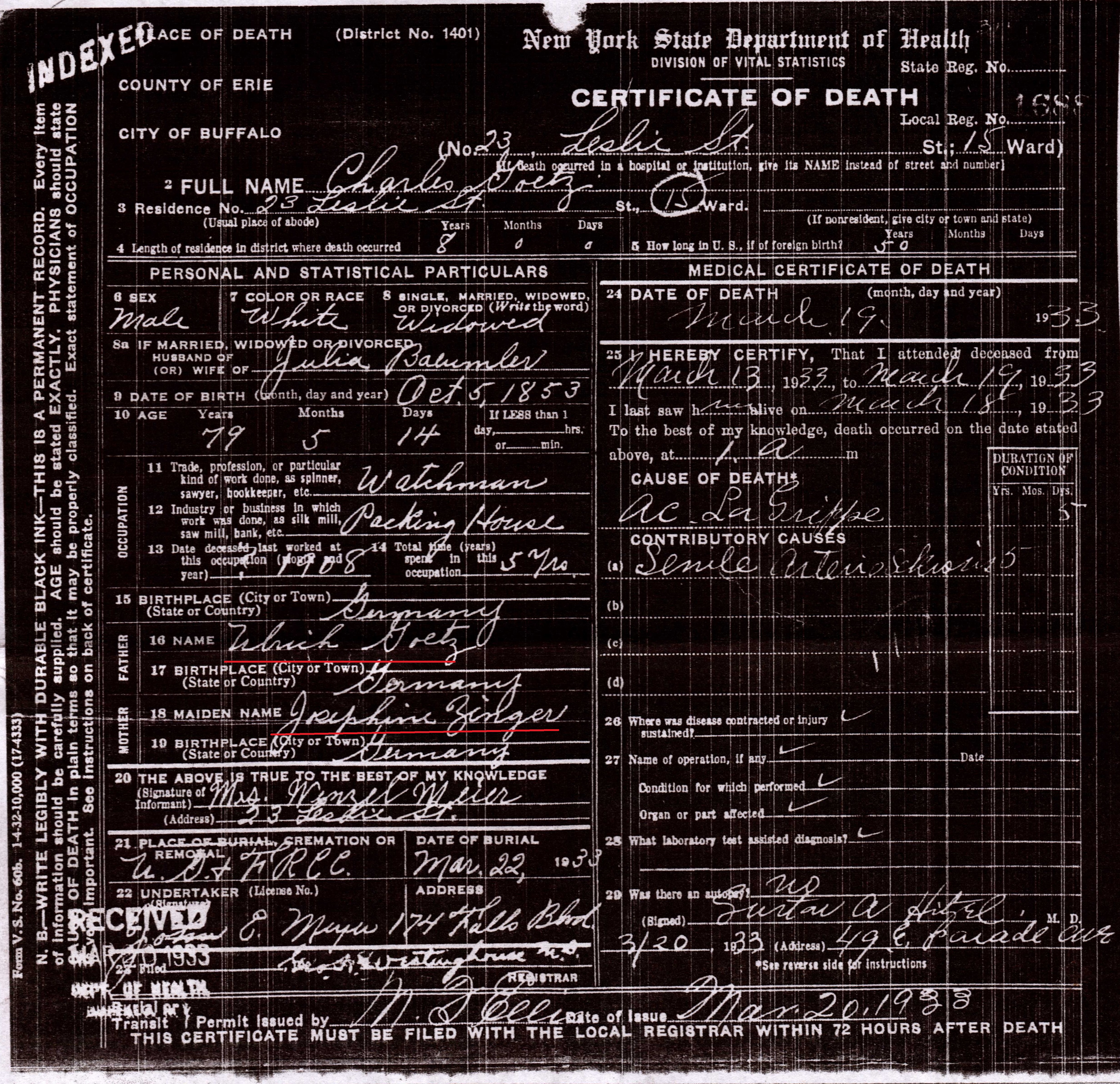 Charles Goetz death 1933 marked