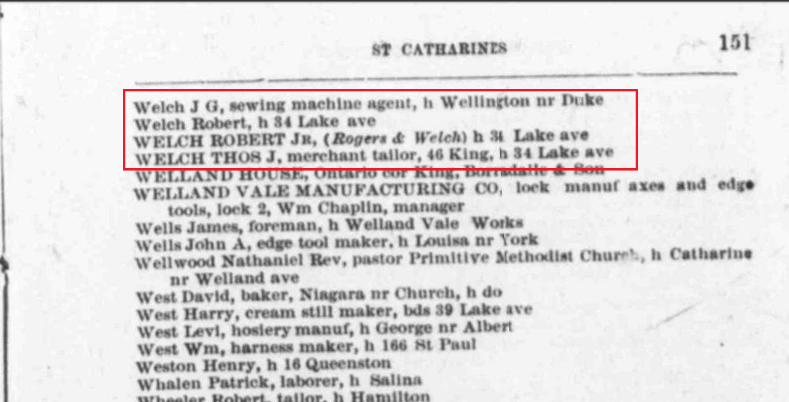 Welch in St. Catharines City Directory 1879 crop