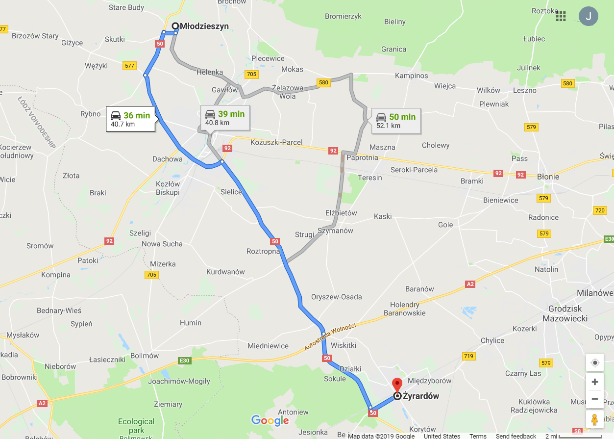 Map of Zyrardow to Mlodzieszyn