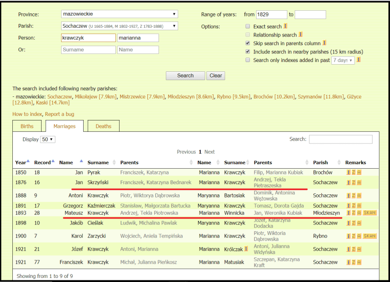 Marianna Krawczyk marriages in Geneteka