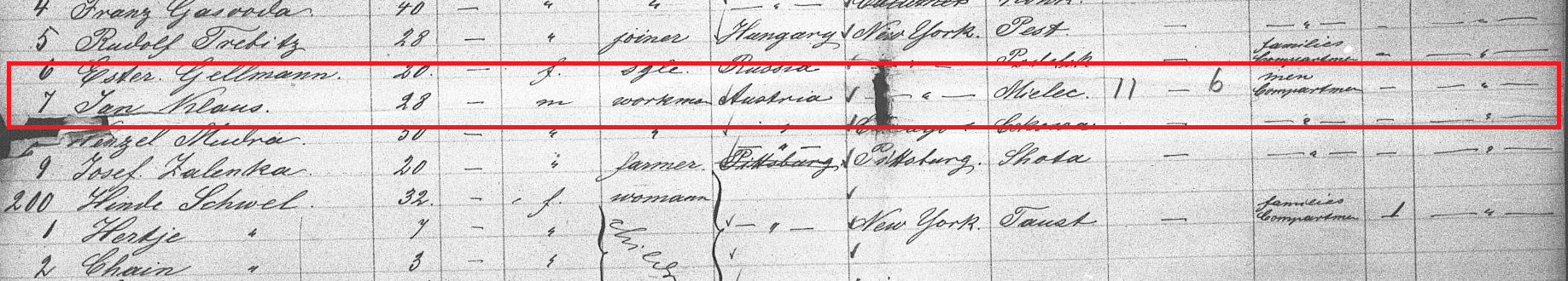 Jan Klaus New York arrival manifest marked