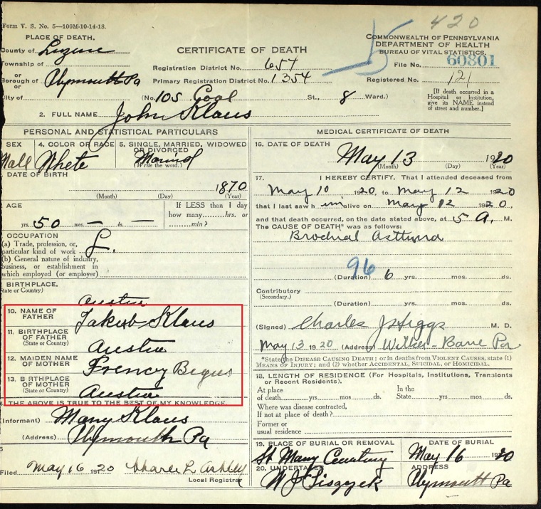 John Klaus death certificate marked
