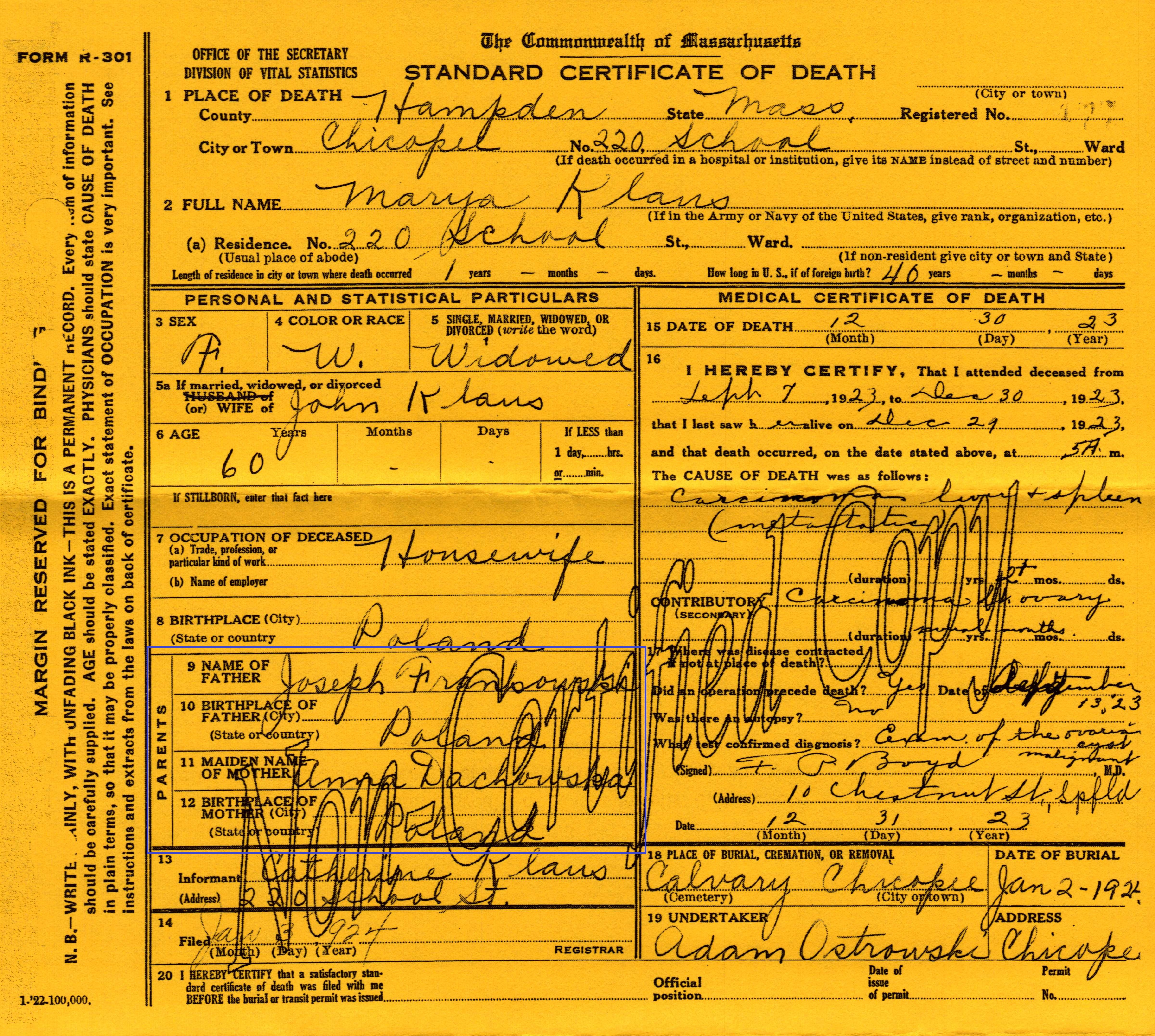 Marya Klaus death 1923 cropped marked