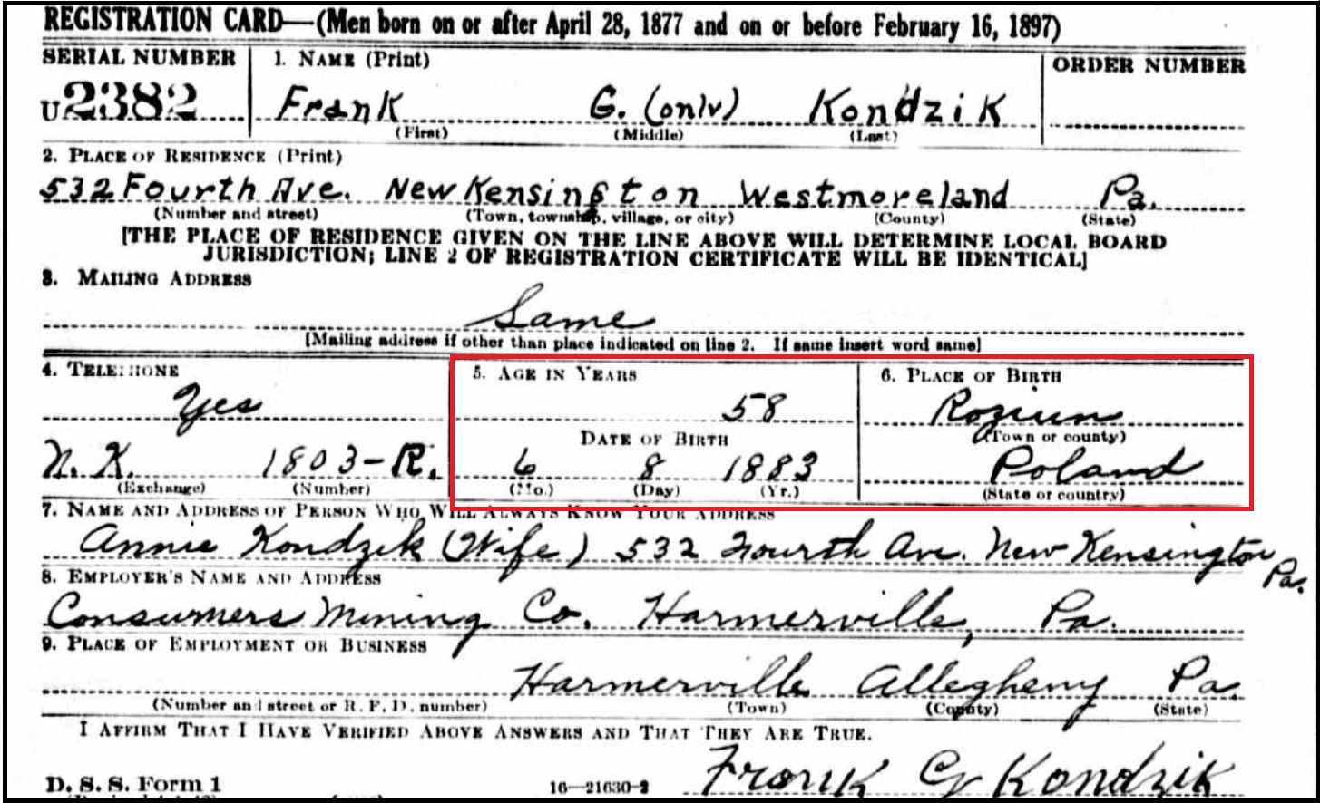 Frank Kondzik WWII draft card