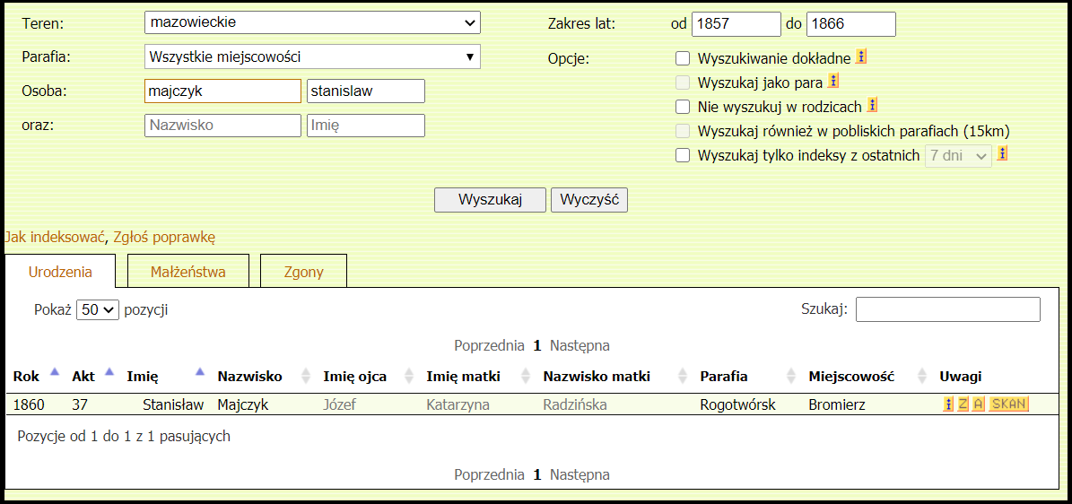 Geneteka search result for Stanislaw Majczyk